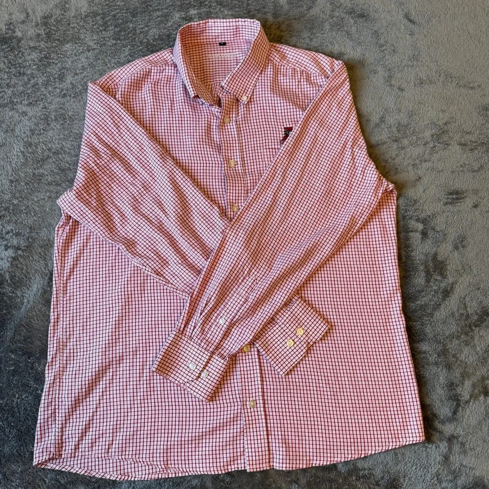 Mens Red White Gingham Check Button Down Shirt Large Embroidered Cardinal Logo